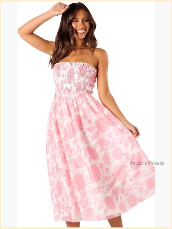 Dresses & Skirts - Strapless Midi Dress with Floral Pattern
